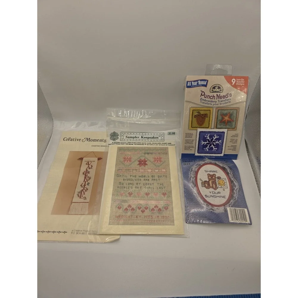Lot Of 4 Cross Stitches Needlepoint - See Pictures Teddy Bear